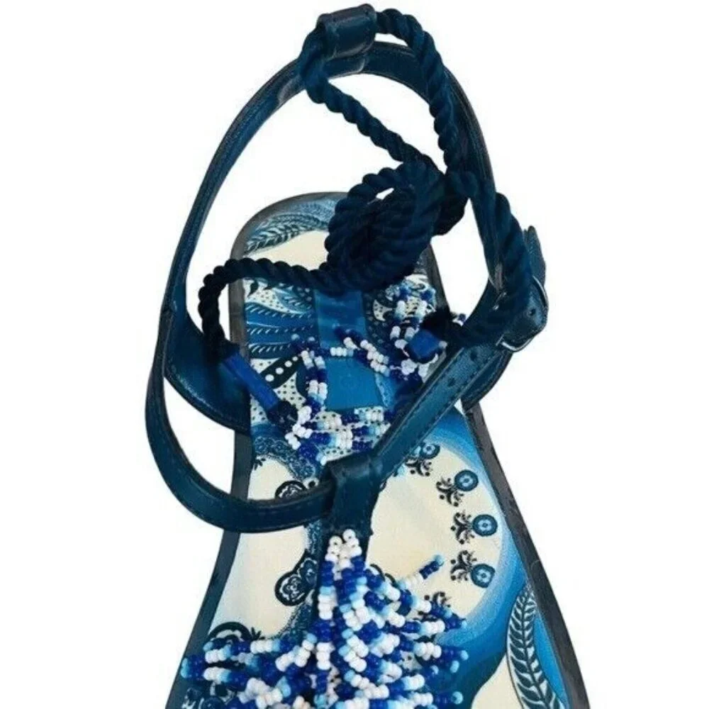 FARM RIO Blue Tile Beaded Flat Lace Up Sandals Blue NEW $260